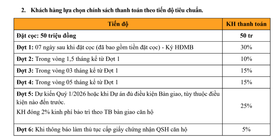 Chính sách thanh toán tiến độ chuẩn của dự án chung cư BenHill